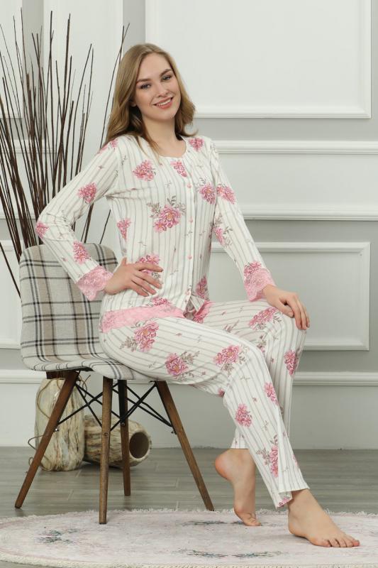 Dantelli Önden Düğmeli Bayan Pijama Takımı 
